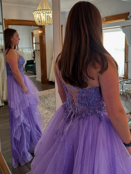 Shiny Tulle V Neck Fluffy Purple Lace Long Prom Dresses, Purple Lace Formal Dresses, Purple Evening Dresses SP3395