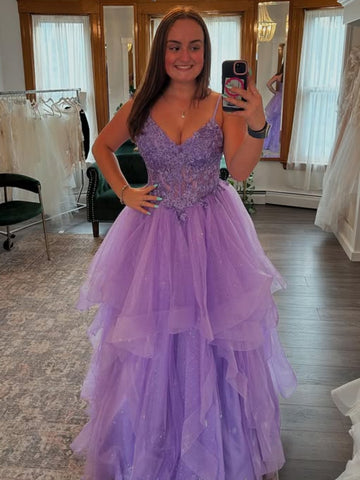 Shiny Tulle V Neck Fluffy Purple Lace Long Prom Dresses, Purple Lace Formal Dresses, Purple Evening Dresses SP3395