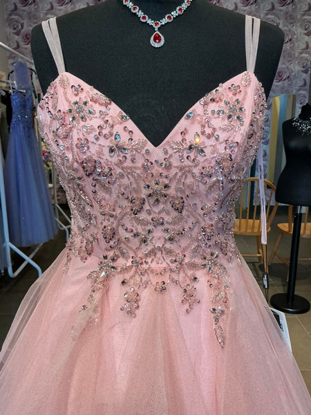 Shiny V Neck Beaded Pink Tulle Long Prom Dresses, V Neck Pink Formal Dresses, Pink Evening Dresses SP3456