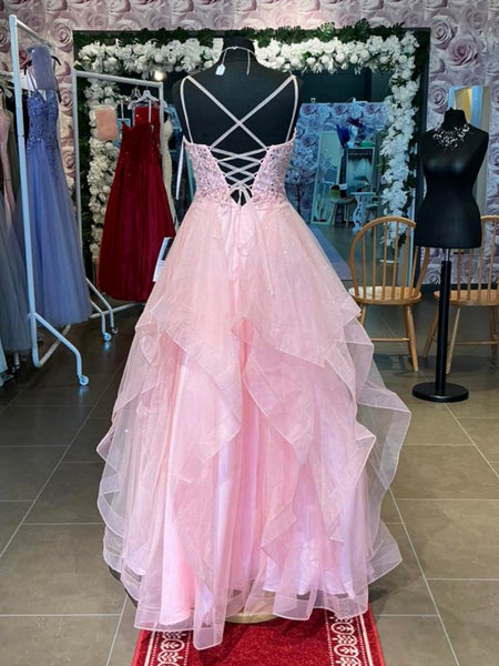 Shiny V Neck Beaded Pink Tulle Long Prom Dresses, V Neck Pink Formal Dresses, Pink Evening Dresses SP3456