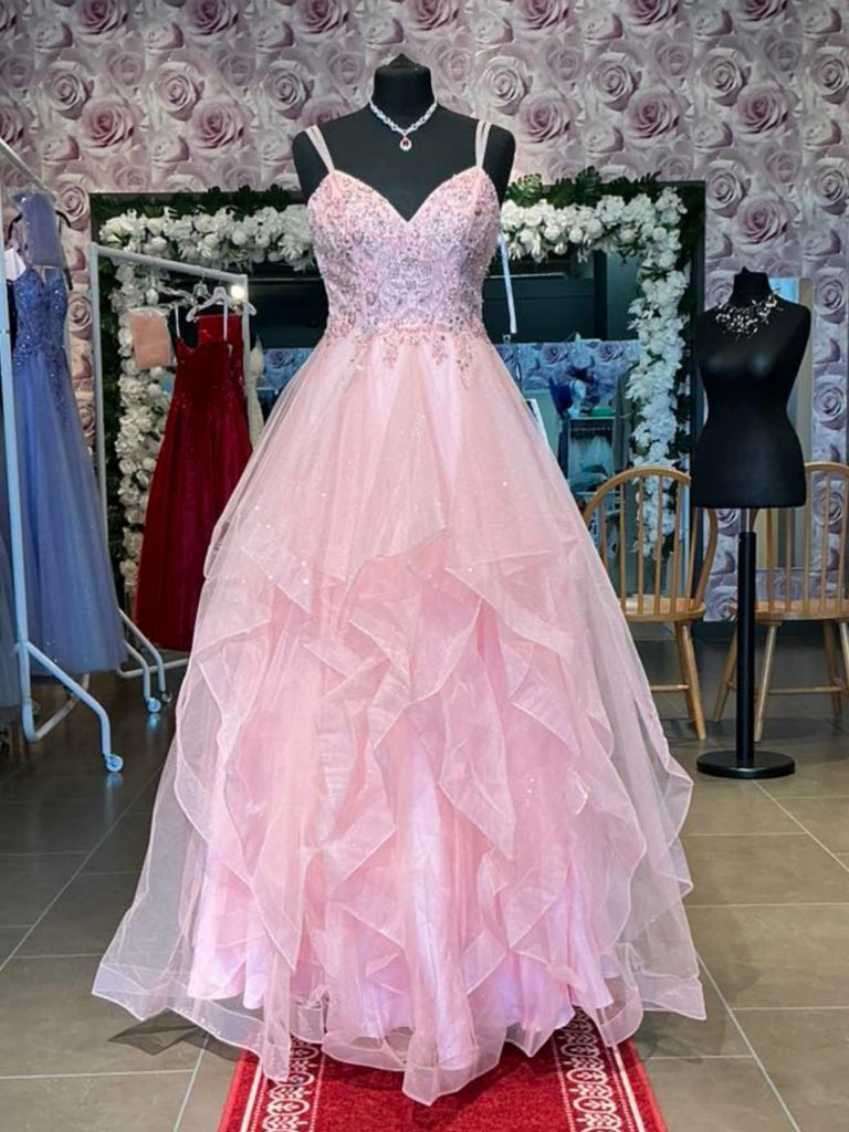 Shiny V Neck Beaded Pink Tulle Long Prom Dresses, V Neck Pink Formal Dresses, Pink Evening Dresses SP3456