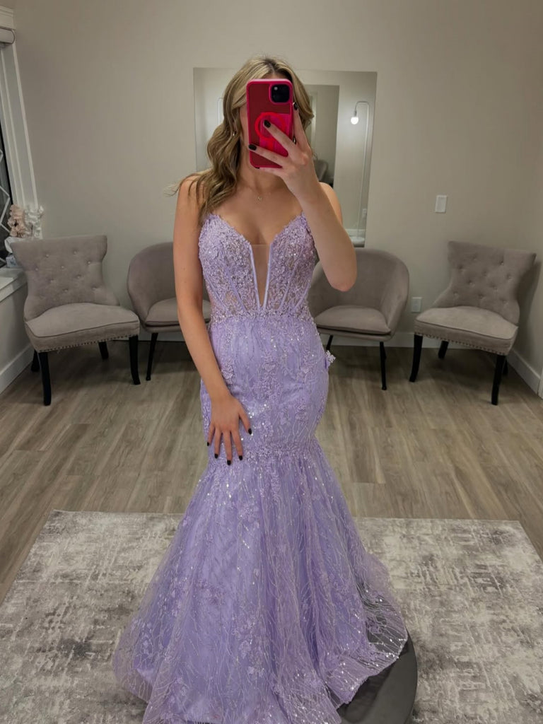 Shiny V Neck Mermaid Lilac Lace Long Prom Dresses, Mermaid Lavender Formal Dresses, Lilac Lace Evening Dresses SP3327