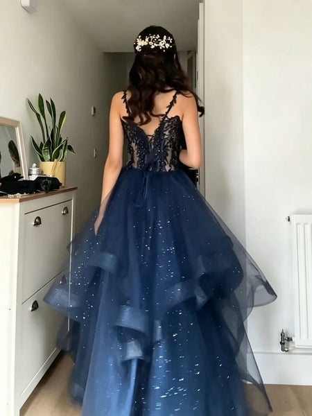 Shiny V Neck Navy Blue Lace Long Prom Dresses, Navy Blue Lace Formal Evening Dresses, Tulle Ball Gown SP3511