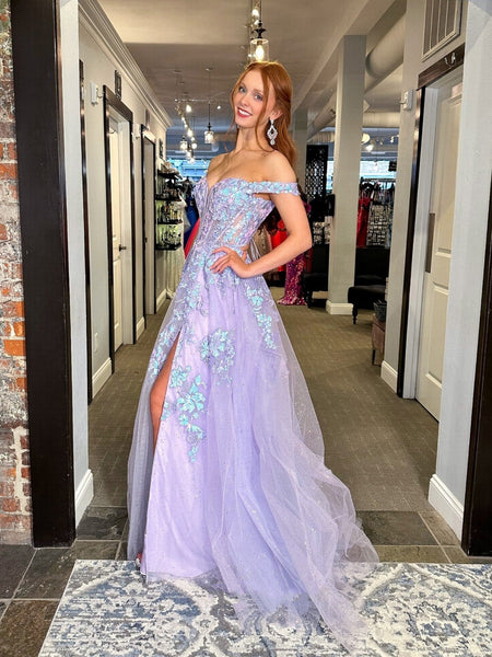 Shiny V Neck Off Shoulder Lilac Lace Long Prom Dresses, Lilac Lace Formal Dresses, Purple Tulle Evening Dresses SP2973