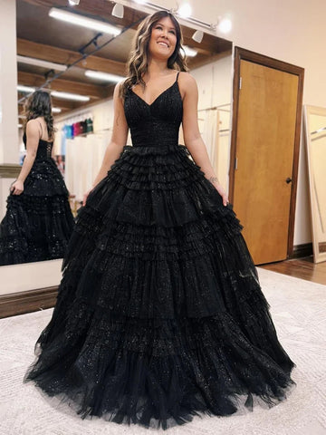 Shiny V Neck Open Back Black Tulle Long Prom Dresses, V Neck Black Formal Evening Dresses SP2757
