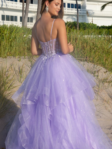 Shiny V Neck Open Back Fluffy Lilac Lace Long Prom Dresses, Lilac Lace Formal Evening Dresses, Purple Ball Gown SP3248