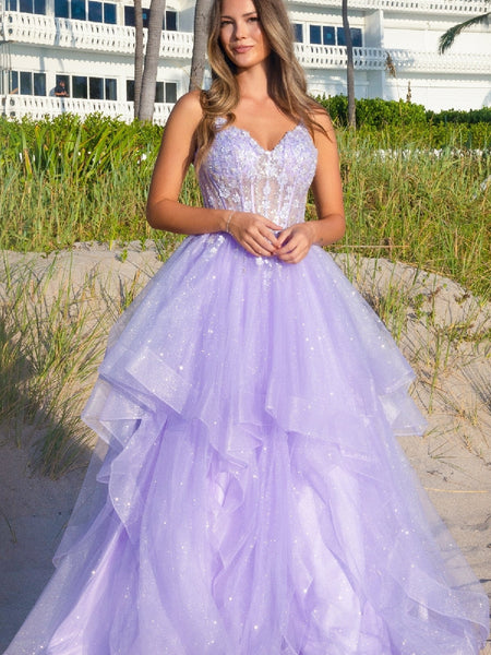 Shiny V Neck Open Back Fluffy Lilac Lace Long Prom Dresses, Lilac Lace Formal Evening Dresses, Purple Ball Gown SP3248