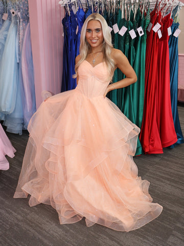 Shiny V Neck Open Back Fluffy Pink Tulle Long Prom Dresses, Pink Tulle Formal Dresses, Pink Evening Dresses SP3439