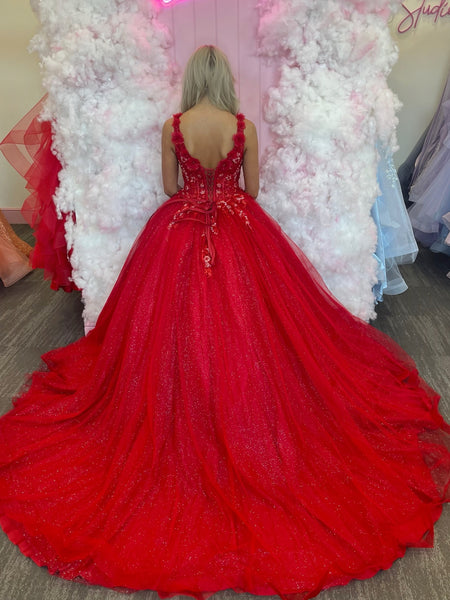 Shiny V Neck Open Back Red Floral Long Prom Dresses, Red Tulle Formal Evening Dresses, Red Ball Gown SP3459