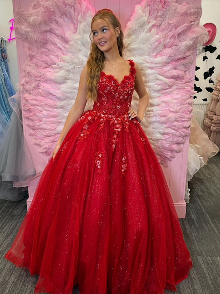 Shiny V Neck Open Back Red Floral Long Prom Dresses, Red Tulle Formal Evening Dresses, Red Ball Gown SP3459