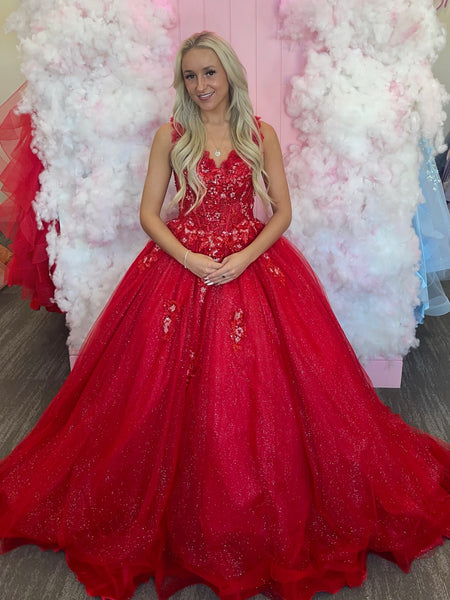 Shiny V Neck Open Back Red Floral Long Prom Dresses, Red Tulle Formal Evening Dresses, Red Ball Gown SP3459