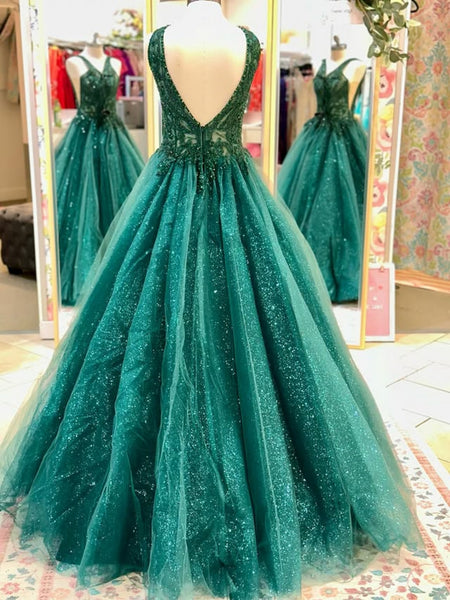 Shiny V Neck and V Back Green Lace Long Prom Dresses, Green Lace Formal Dresses, Green Tulle Evening Dresses SP3385