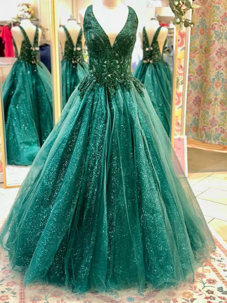 Shiny V Neck and V Back Green Lace Long Prom Dresses, Green Lace Formal Dresses, Green Tulle Evening Dresses SP3385
