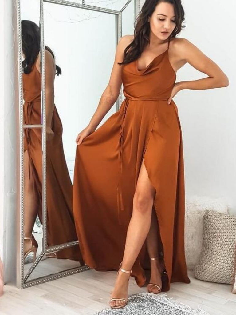 Simple A Line Brown Long Prom Dresses with High Slit, Long Brown Formal Graduation Evening Dresses SP2818