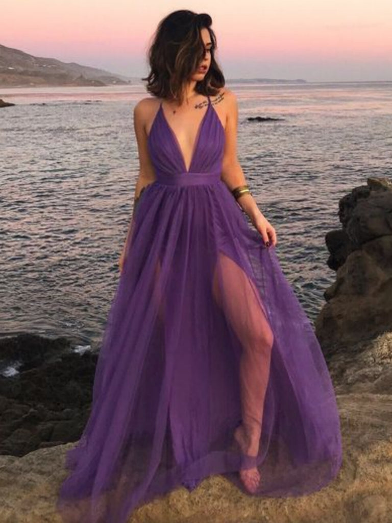 Simple A Line V Neck Purple Tulle Long Prom Dresses with High Slit, V Shiny Party Simple A Line V Neck Purple Tulle Long Prom Dresses with High Slit, V Shiny Party
