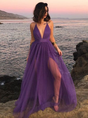 Simple A Line V Neck Purple Tulle Long Prom Dresses with High Slit, V Neck Purple Formal Graduation Evening Dresses SP2952