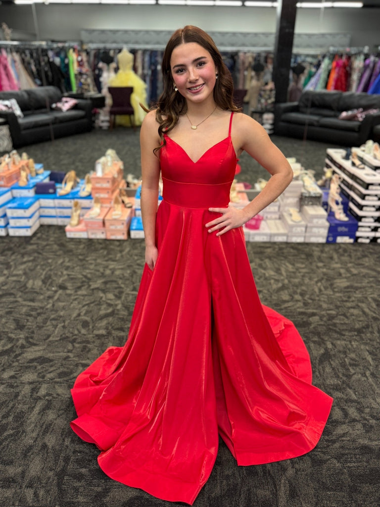 Simple A Line V Neck Red Satin Long Prom Dresses, Long Red Formal Graduation Evening Dresses SP3420