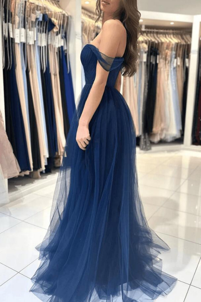 Simple Off Shoulder Navy Blue Tulle Long Prom Dresses, Off the Shoulde