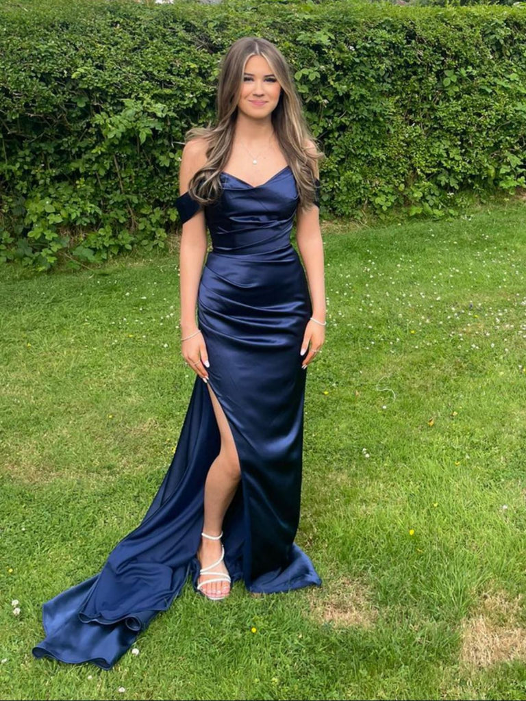 Simple Off the Shoulder Mermaid Navy Blue Satin Long Prom Dresses with Slit, Navy Blue Formal Graduation Evening Dresses with Train SP3419