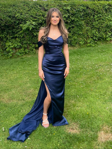 Simple Off the Shoulder Mermaid Navy Blue Satin Long Prom Dresses with Slit, Navy Blue Formal Graduation Evening Dresses with Train SP3419