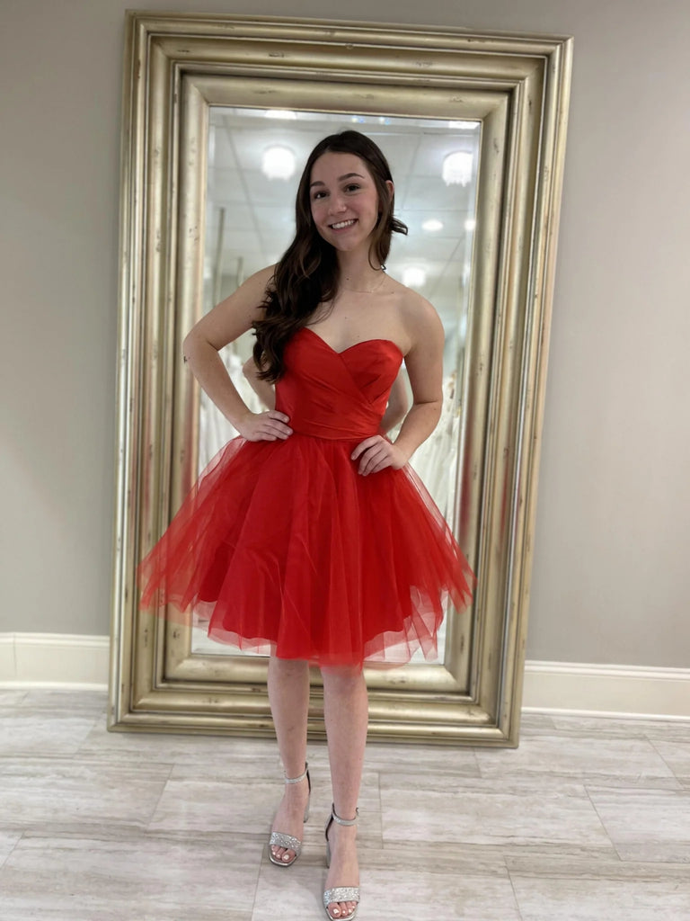 Simple Strapless Sweetheart Neck Red Tulle Short Prom Dresses, Strapless Red Homecoming Dresses SP3033