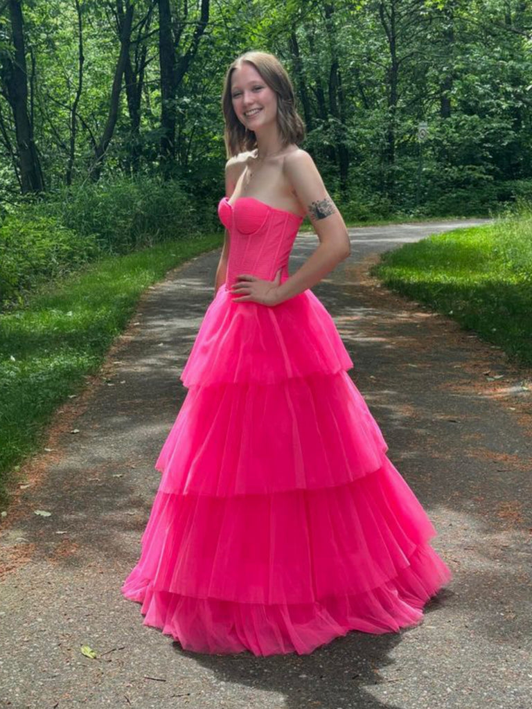 Strapless A Line Layered Hot Pink Tulle Long Prom Dresses, Hot Pink Fo Shiny Party Strapless A Line Layered Hot Pink Tulle Long Prom Dresses, Hot Pink Fo Shiny Party