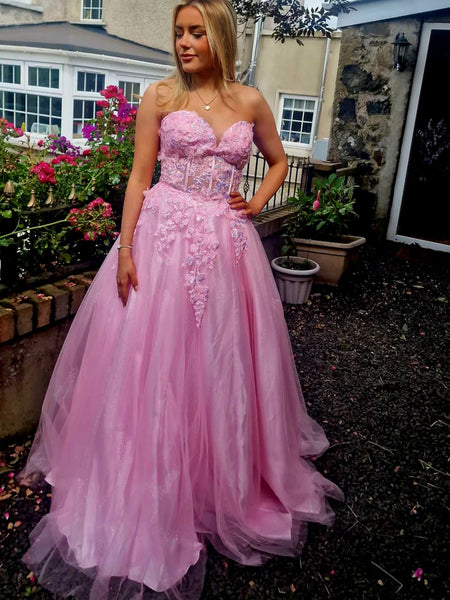 Strapless A Line Pink Lace Long Prom Dresses, Pink Lace Formal Dresses, Pink Evening Dresses SP3312
