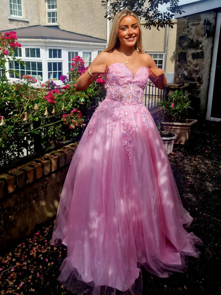 Strapless A Line Pink Lace Long Prom Dresses, Pink Lace Formal Dresses, Pink Evening Dresses SP3312