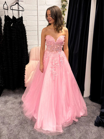 Strapless A Line Pink Lace Long Prom Dresses, Pink Lace Formal Dresses, Pink Evening Dresses SP3312