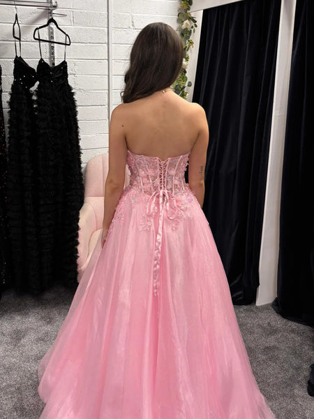 Strapless A Line Pink Lace Long Prom Dresses, Pink Lace Formal Dresses, Pink Evening Dresses SP3312