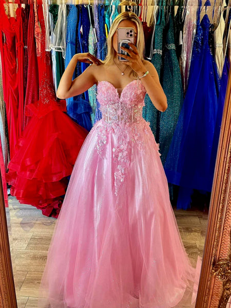 Strapless A Line Pink Lace Long Prom Dresses, Pink Lace Formal Dresses, Pink Evening Dresses SP3312