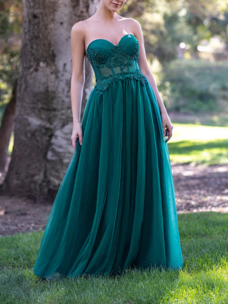 Strapless Beaded Blue/Green/Burgundy Lace Long Prom Dresses, Blue/Green/Burgundy Lace Formal Graduation Evening Dresses SP2750