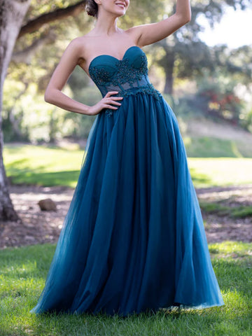 Shiny Royal Blue Tulle A Line Sweetheart Prom Dresses PL555