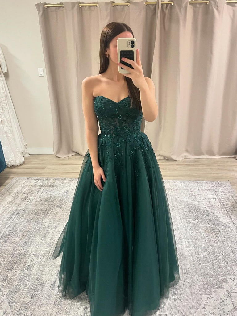 Strapless Beaded Dark Green Lace Long Prom Dresses, Green Lace Formal Dresses, Green Evening Dresses SP3329