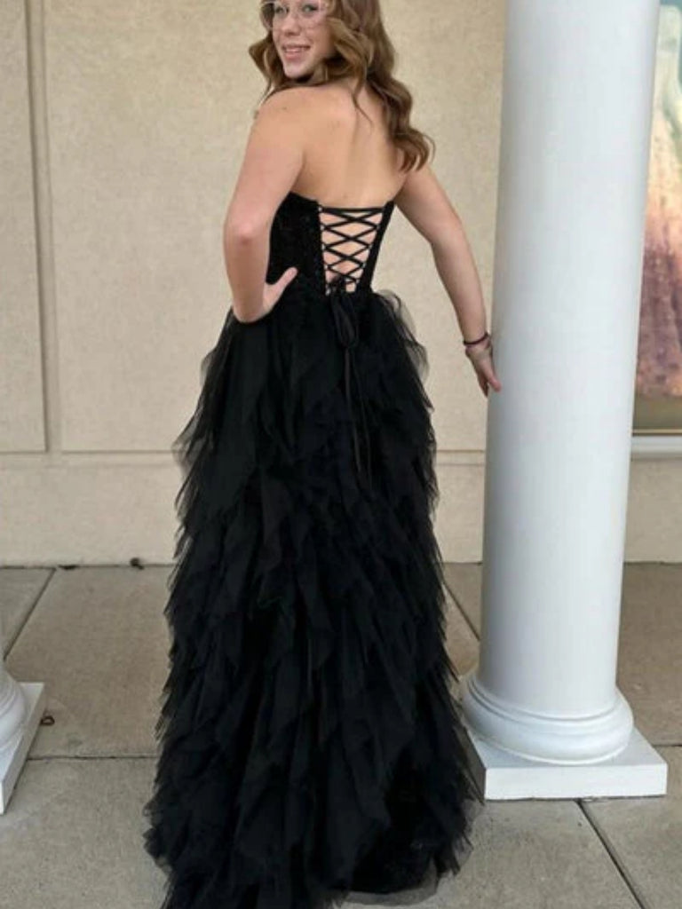 Strapless Black Lace Long Prom Dresses with High Slit, Black Lace Ruff Shiny Party Strapless Black Lace Long Prom Dresses with High Slit, Black Lace Ruff Shiny Party