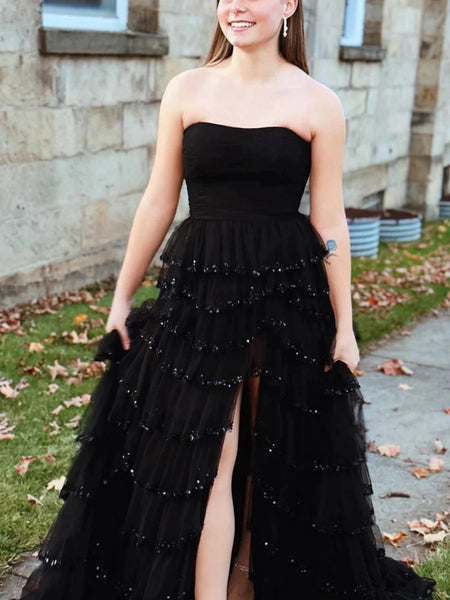 Strapless Black Lace Sequins Long Prom Dresses with High Slit, Black Lace Formal Graduation Evening Dresses SP2825