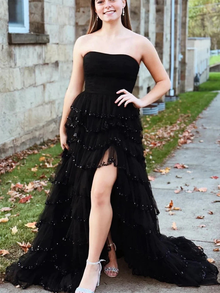 Strapless Black Lace Sequins Long Prom Dresses with High Slit, Black Lace Formal Graduation Evening Dresses SP2825
