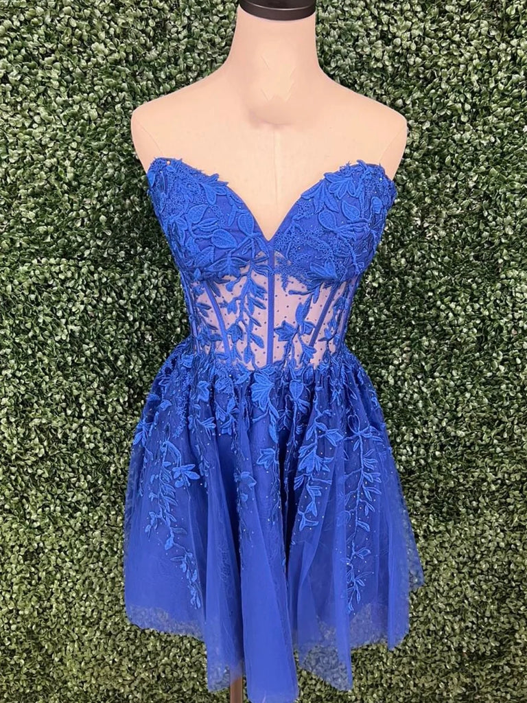Strapless Blue/Pink Lace Short Prom Dresses, Blue/Pink Lace Homecoming Shiny Party Strapless Blue/Pink Lace Short Prom Dresses, Blue/Pink Lace Homecoming Shiny Party