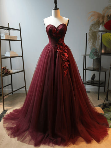 Strapless Burgundy Tulle Long Prom Dresses with Appliques, Long Wine Red Formal Graduation Evening Dresses SP2944