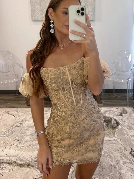 Strapless Champagne/Red Lace Short Prom Dresses, Champagne/Red Lace Homecoming Dresses SP3273