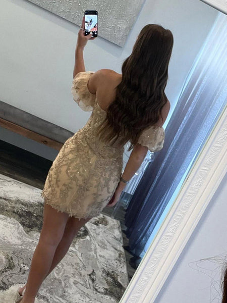 Strapless Champagne/Red Lace Short Prom Dresses, Champagne/Red Lace Homecoming Dresses SP3273