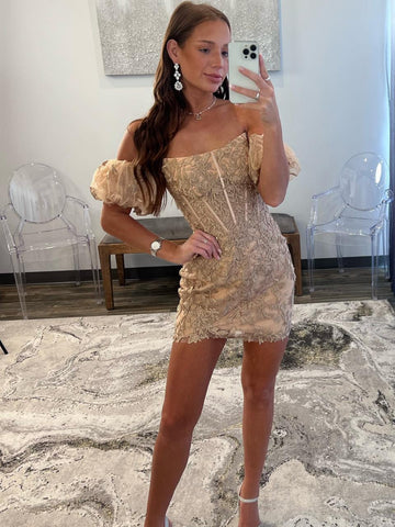 Strapless Champagne/Red Lace Short Prom Dresses, Champagne/Red Lace Homecoming Dresses SP3273