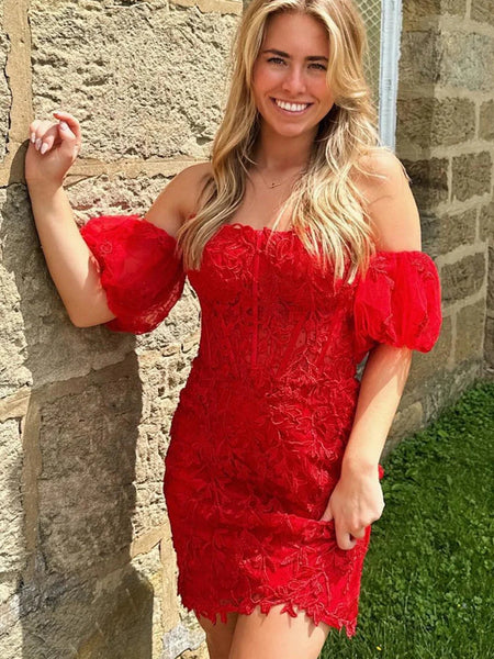 Strapless Champagne/Red Lace Short Prom Dresses, Champagne/Red Lace Homecoming Dresses SP3273