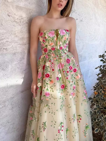 Strapless Embroidery Lace Floral Champagne Prom Dresses, Strapless Champagne Homecoming Dresses, Floral Lace Formal Evening Dresses SP2731