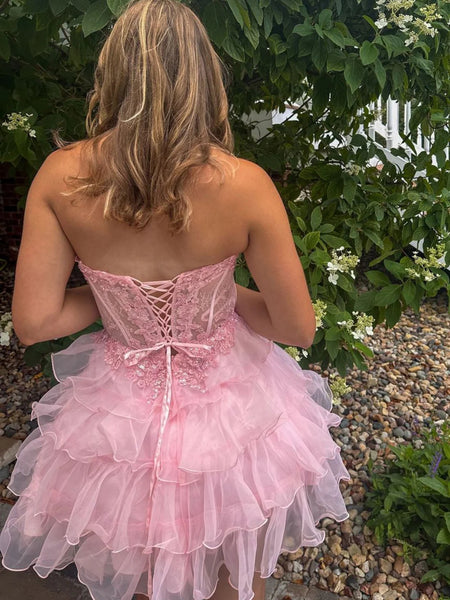 Strapless Fluffy Tulle Pink Lace Short Prom Dresses, Pink Lace Homecoming Dresses, Pink Formal Graduation Evening Dresses SP3239
