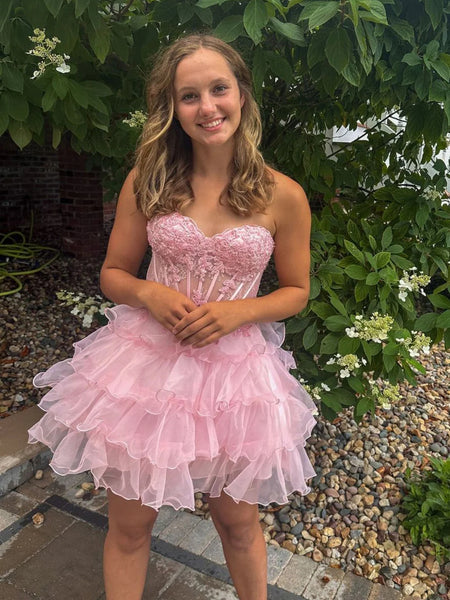 Strapless Fluffy Tulle Pink Lace Short Prom Dresses, Pink Lace Homecoming Dresses, Pink Formal Graduation Evening Dresses SP3239