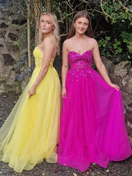 Strapless Fuchsia/Yellow Lace Sequins Long Prom Dresses, Fuchsia/Yellow Lace Formal Graduation Evening Dresses SP3054