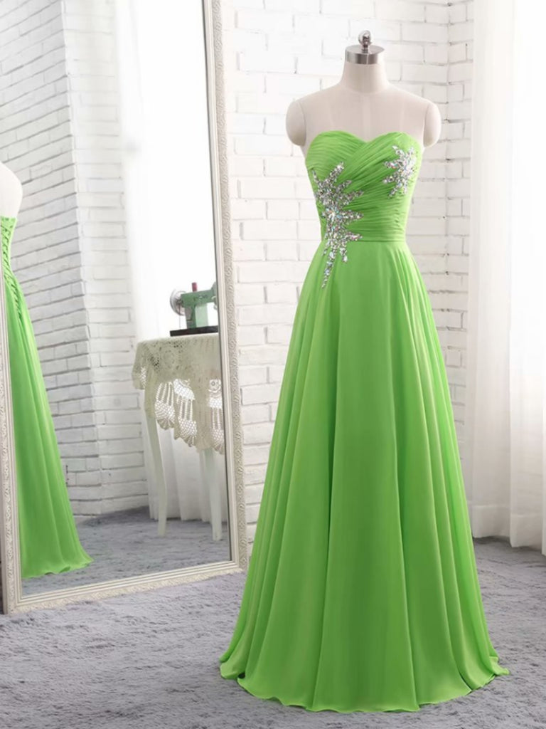 Strapless Green Chiffon Long Prom Dresses with Sequins, Long Green For