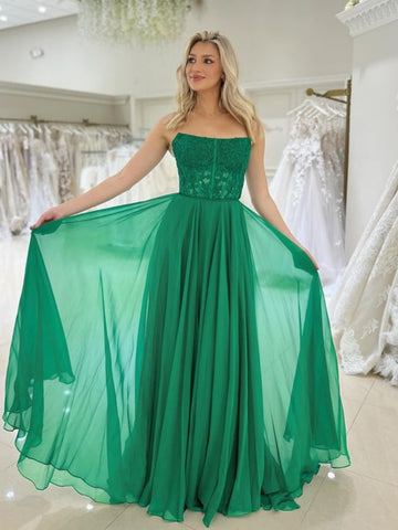 Strapless Green Lace Long Prom Dresses, Green Lace Formal Dresses, Long Green Evening Dresses SP2967