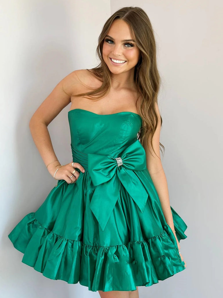 Strapless Green Satin Short Prom Dresses with Bow, Short Green Homecom Shiny Party Strapless Green Satin Short Prom Dresses with Bow, Short Green Homecom Shiny Party